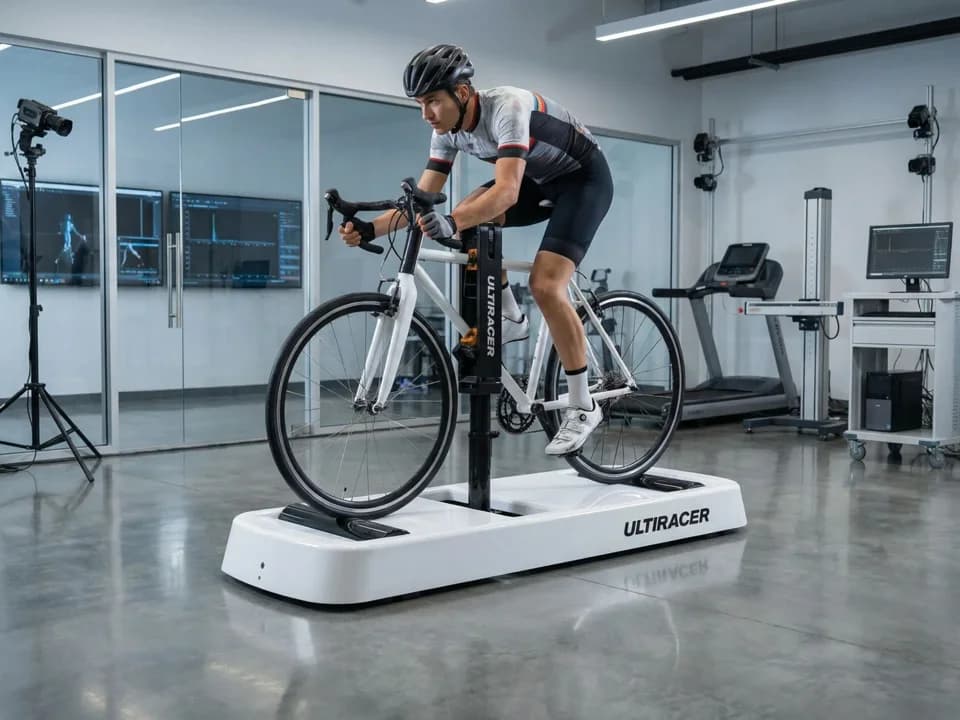 Illustration of a cyclist training on Ultiracer in a gym