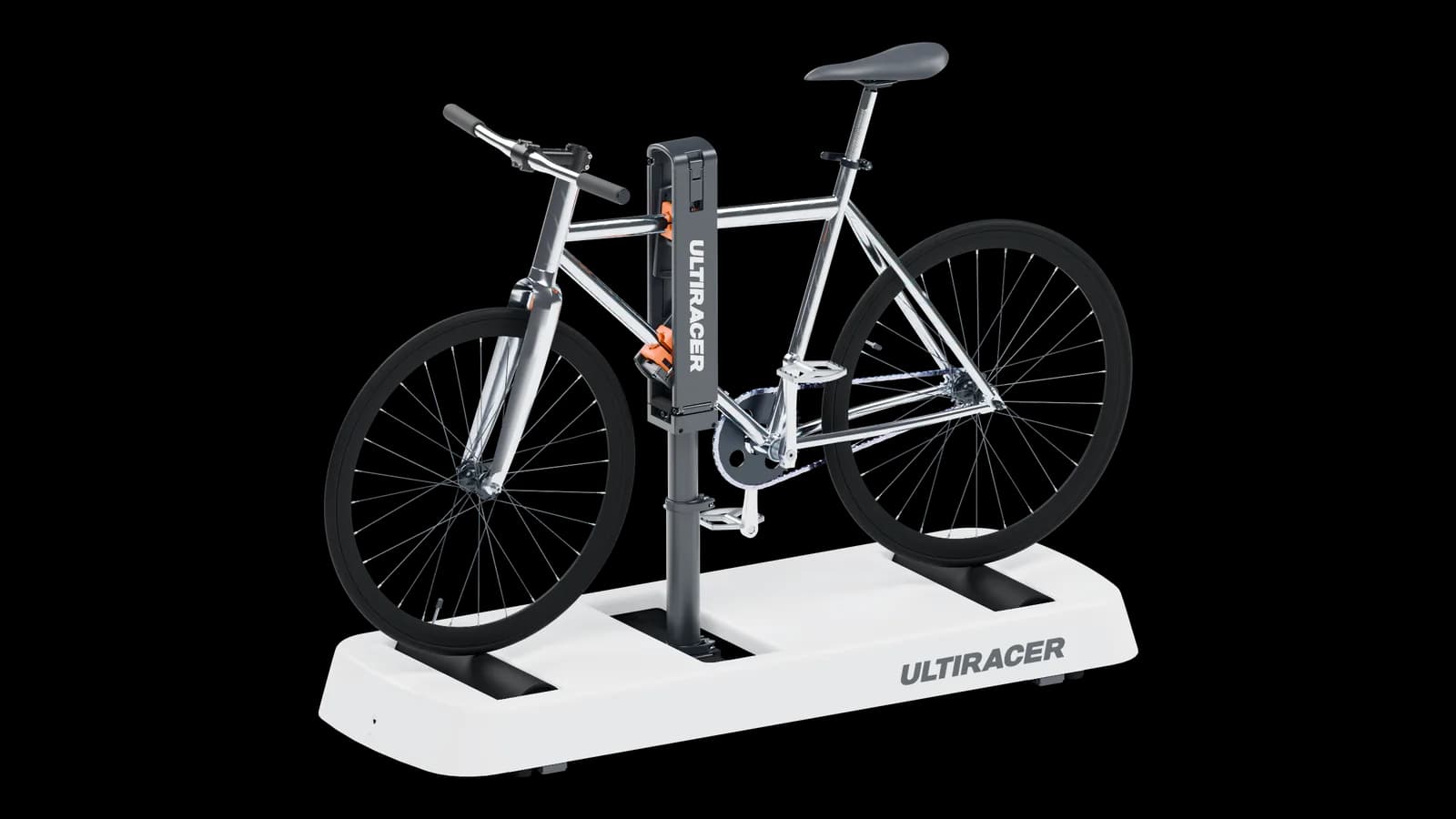 Completed Ultiracer unit with a silver chrome bicycle, seen from the front three-quarter angle