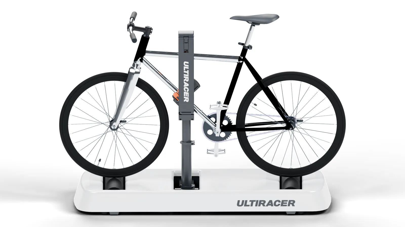 固定在 Ultiracer 平台上的银色镀铬自行车侧视图