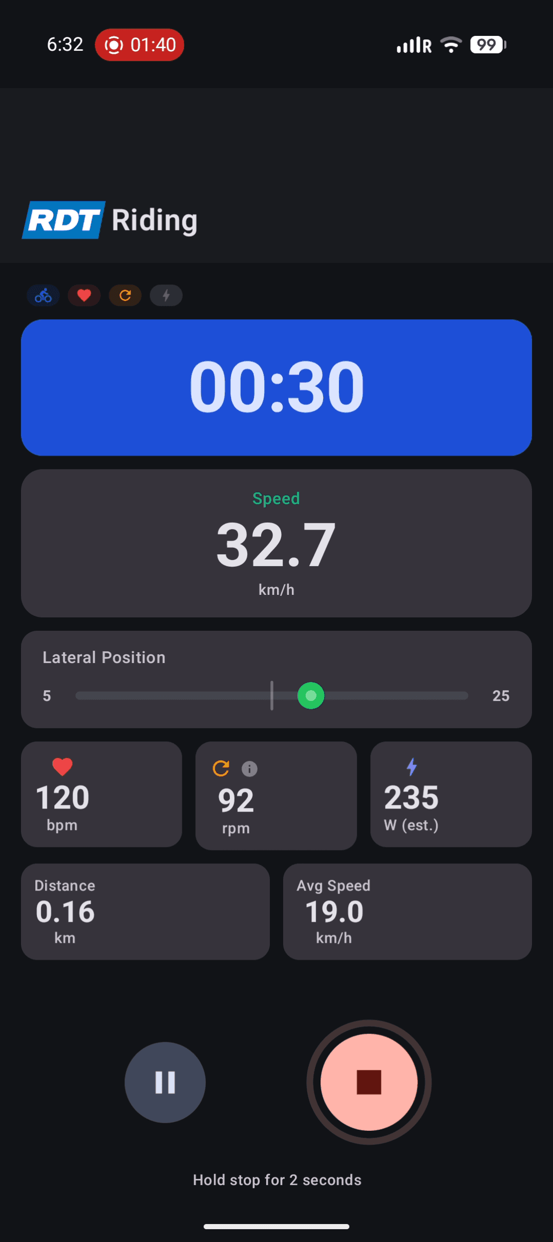 Panel de recorrido en vivo de Ultiracer mostrando métricas de ciclismo en tiempo real
