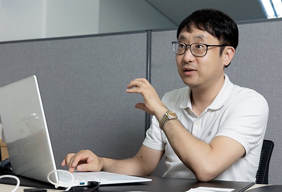 Lee sees senior healthcare and digital therapeutics as Ultiracer's biggest opportunity Joongsik Lee gestures as he speaks during an interview at a desk with a laptop