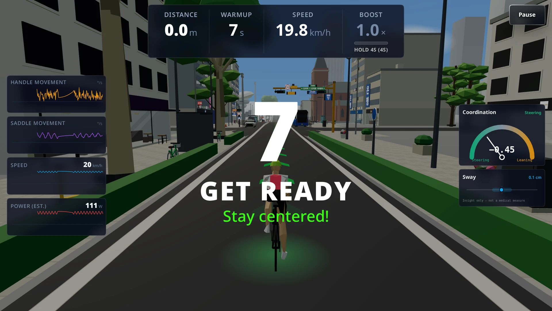 Perfect Racer warm-up countdown Perfect Racer warm-up on a Seoul street: a large 7 counts down above the words Get ready, stay centered