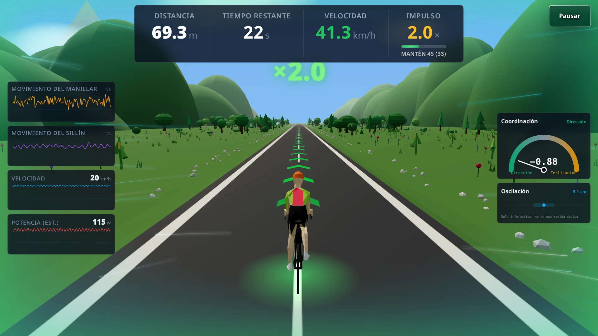 Pantalla de recorrido de Perfect Racer Pantalla de Perfect Racer en un valle alpino: el ciclista va por el carril central con un impulso de 2.0× mientras la barra se llena hacia el bonus por mantenerte de 4 segundos