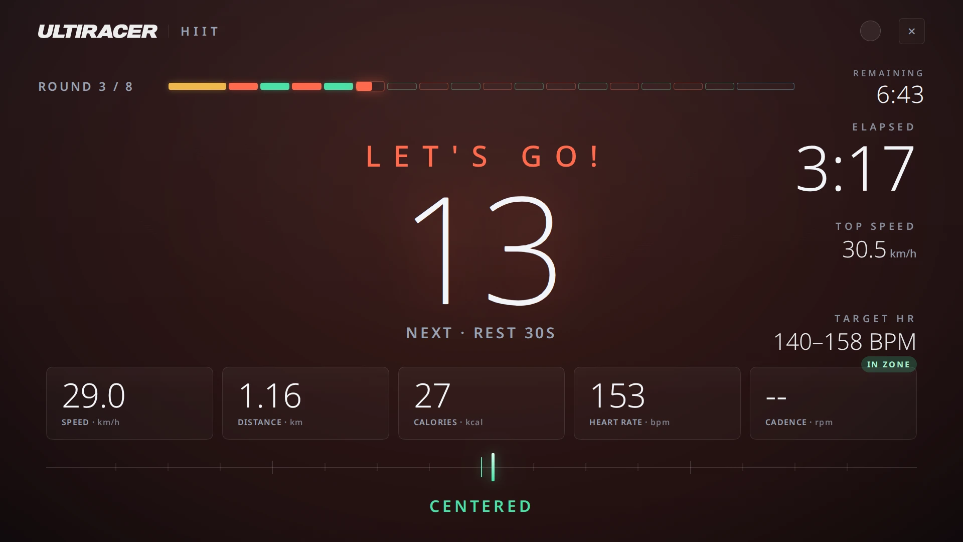 HIIT Training work interval with heart-rate target Ultiracer HIIT Training work interval in round 3 of 8: the countdown reads 13, the heart-rate target of 140 to 158 bpm shows In zone, and the balance meter at the bottom reads Centered