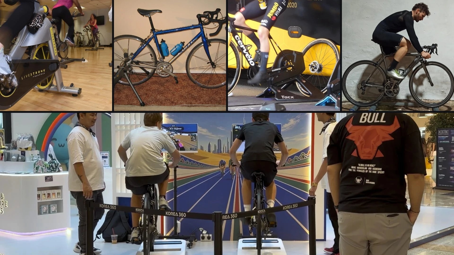Five ways to cycle indoors side by side: a stationary bike class, a wheel-on trainer, a direct-drive smart trainer, free rollers, and two riders on Ultiracer balance platforms