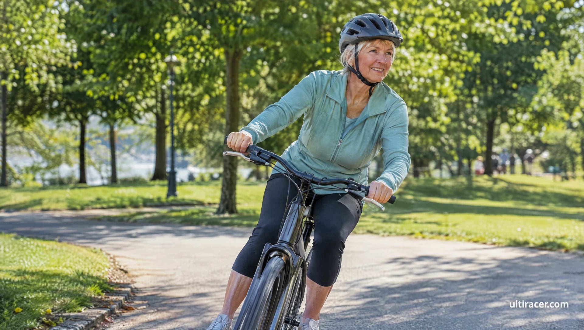 Every curve is a small balance lesson: lean, sense, steer, repeat. A woman in her late sixties leaning into a turn on a city bicycle in a sunny park