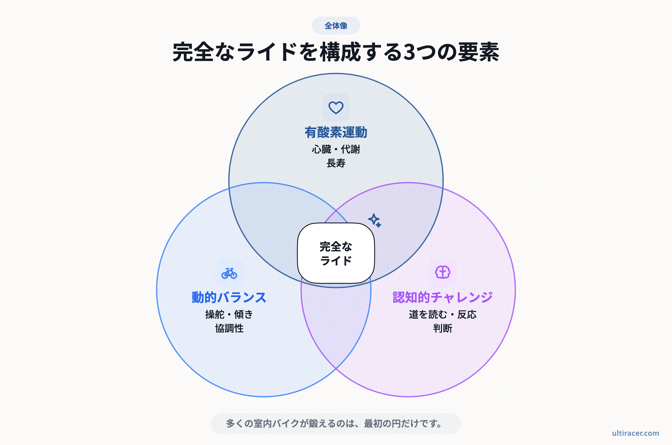 完全なライドは、心臓とバランス感覚と脳を同時に鍛えます。 有酸素運動、動的バランス、認知的チャレンジの3つの円が重なり、中央が完全なライドとなるベン図