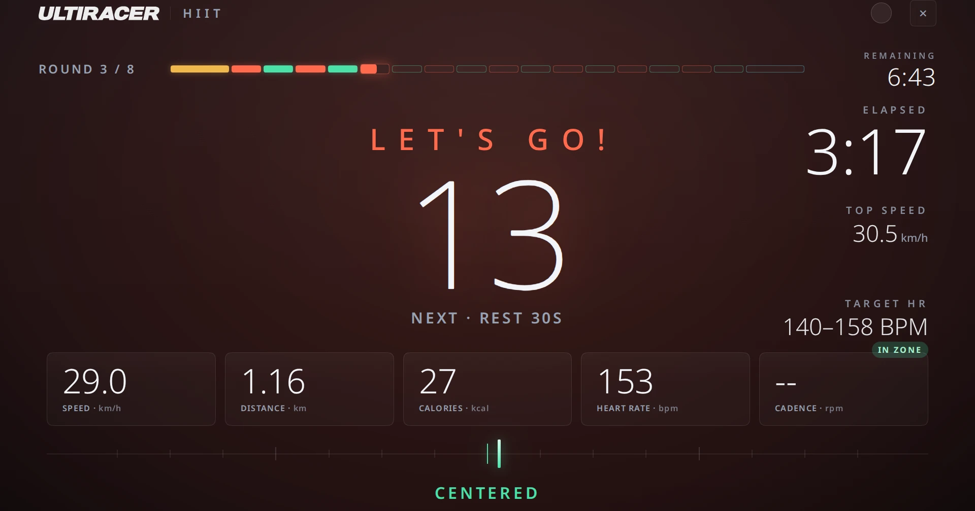 Ultiracer HIIT Training work interval in round 3 of 8: the countdown reads 13, the heart-rate target of 140 to 158 bpm shows In zone, and the balance meter at the bottom reads Centered