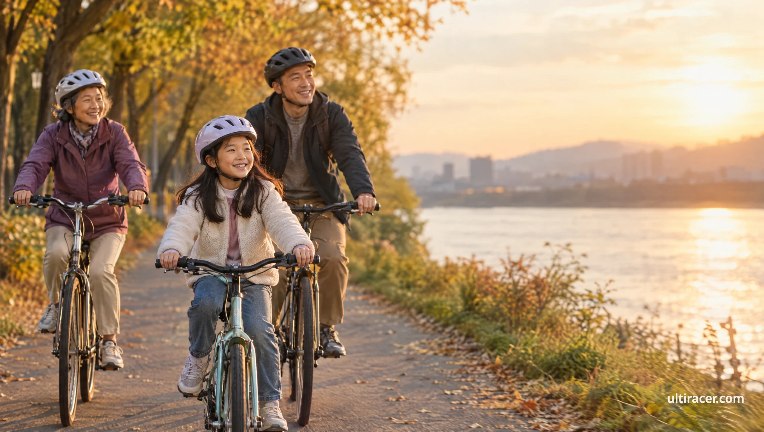 Three generations of a family, a grandmother, a father and a young girl, cycling together on a tree-lined riverside path in autumn