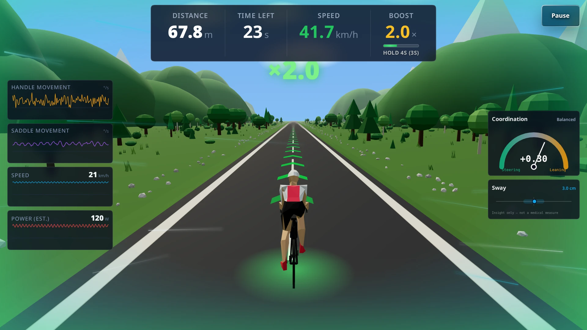 Perfect Racer ride screen Perfect Racer ride screen in an alpine valley: the rider holds the center lane at a 2.0× boost while the hold bar fills toward the 4-second bonus