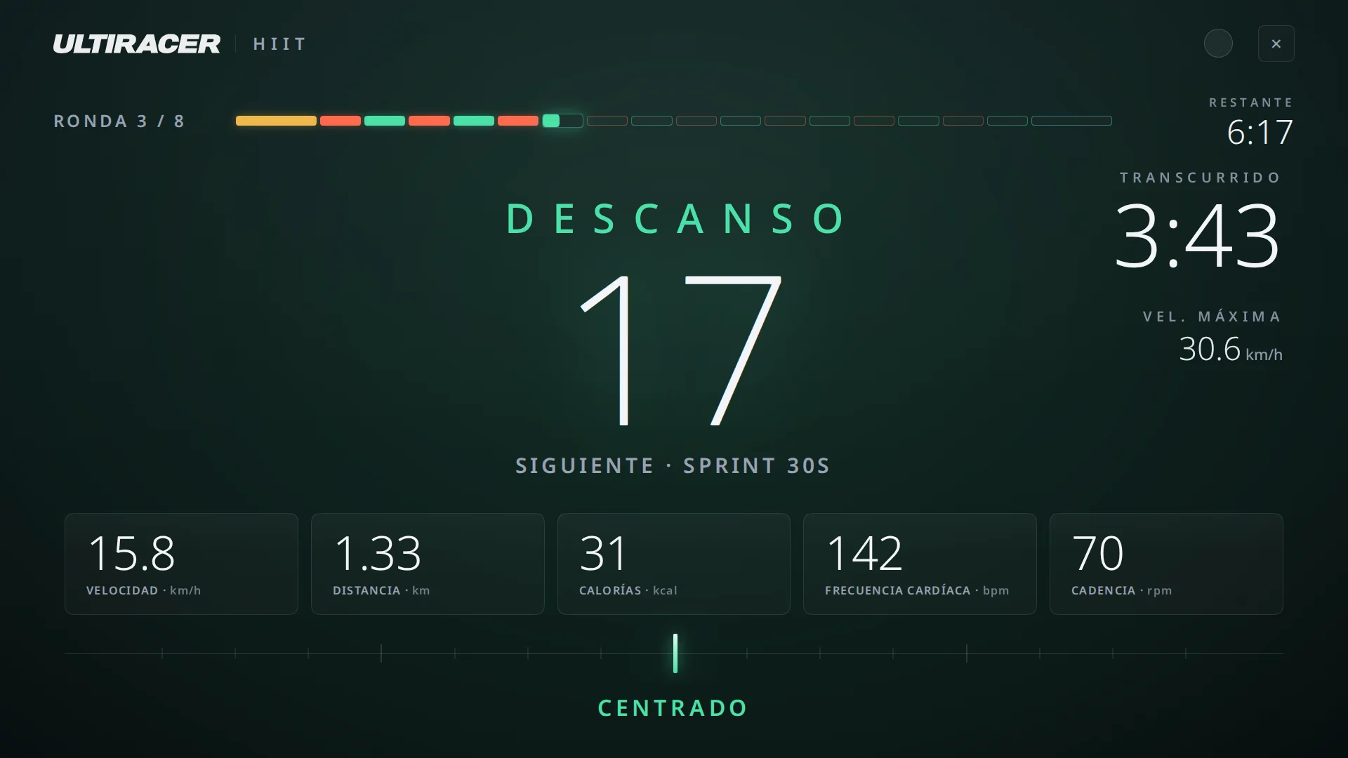 Intervalo de recuperación del Entrenamiento HIIT Intervalo de recuperación del Entrenamiento HIIT de Ultiracer: Descanso, con la cuenta atrás en 17 y la siguiente fase indicada como sprint, mientras el ciclista sigue pedaleando a ritmo suave