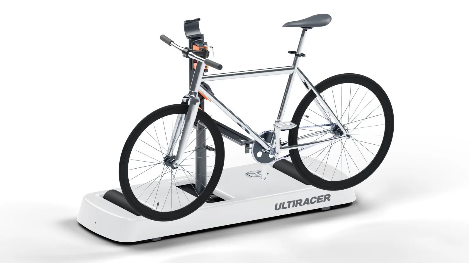 Silver chrome bicycle positioned above the Ultiracer rollers with the tube clamps open