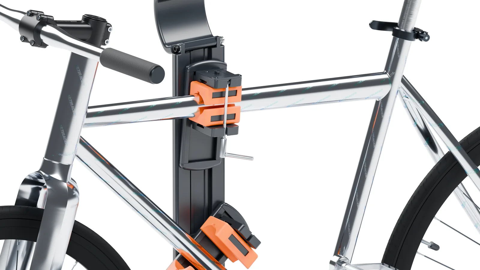 Close view of the Ultiracer bicycle support and clamp