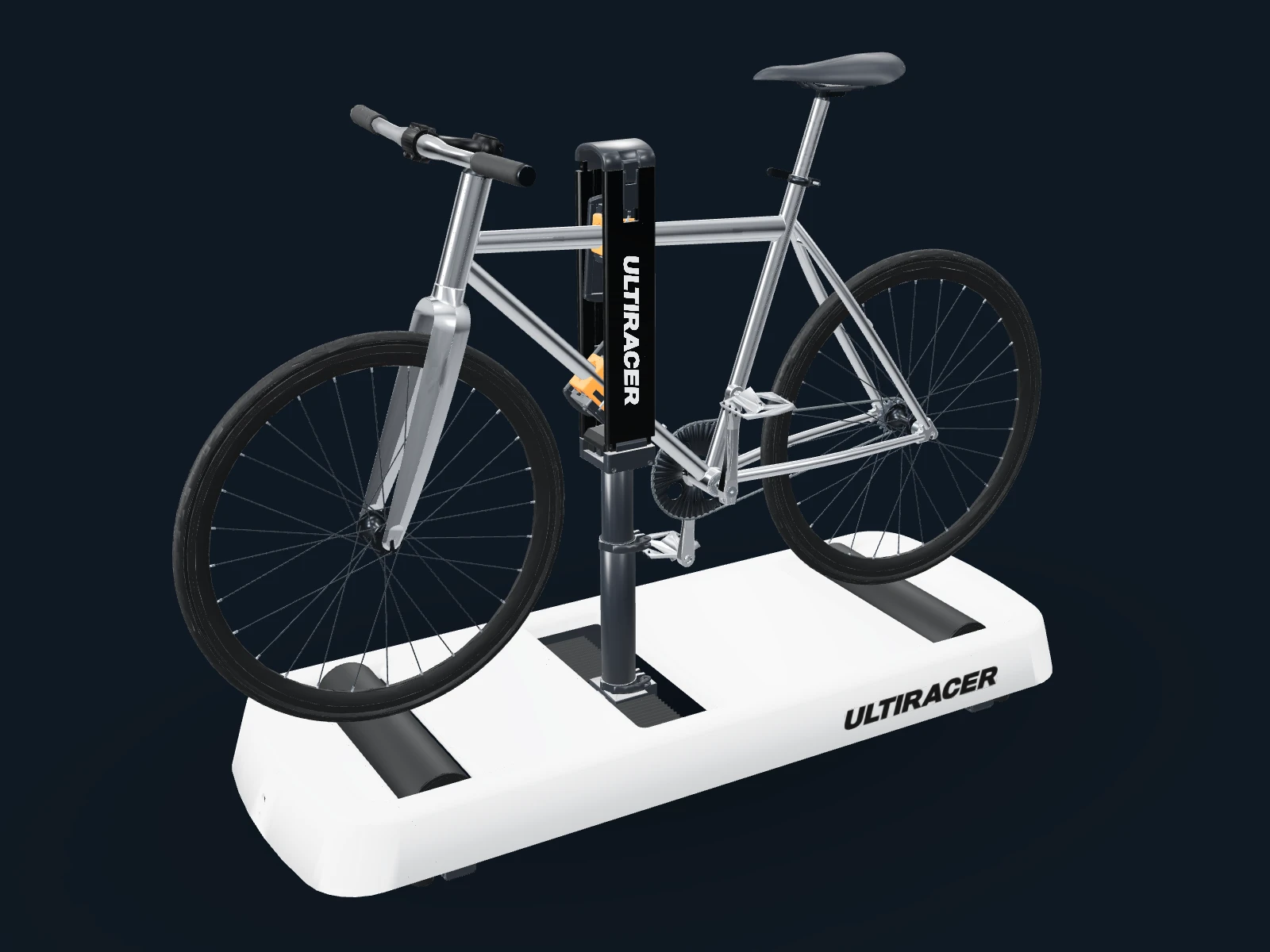 A bicycle mounted on the Ultiracer platform, viewed from the front at an angle
