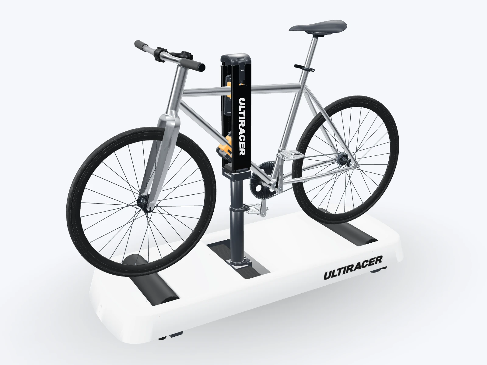A bicycle mounted on the Ultiracer platform, viewed from the front at an angle