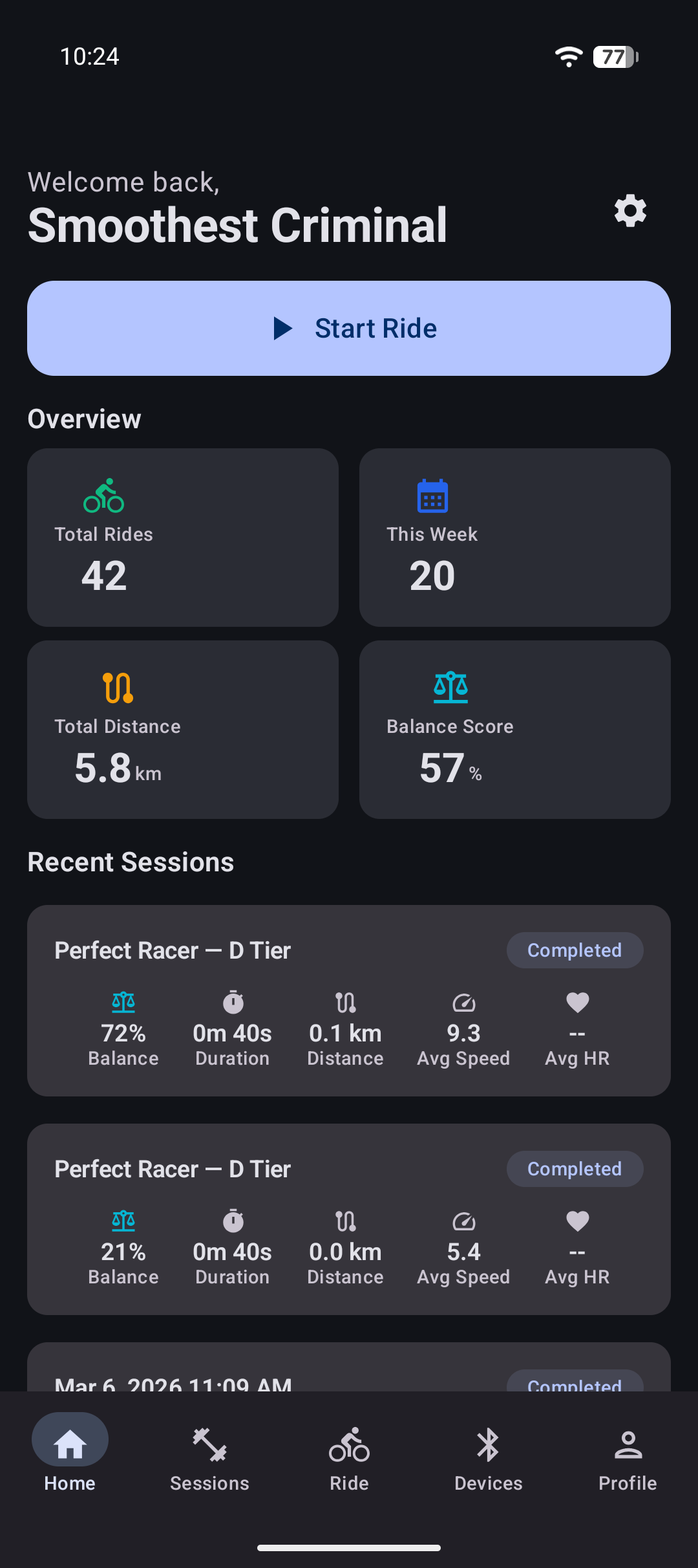 Ultiracer app home dashboard showing ride statistics