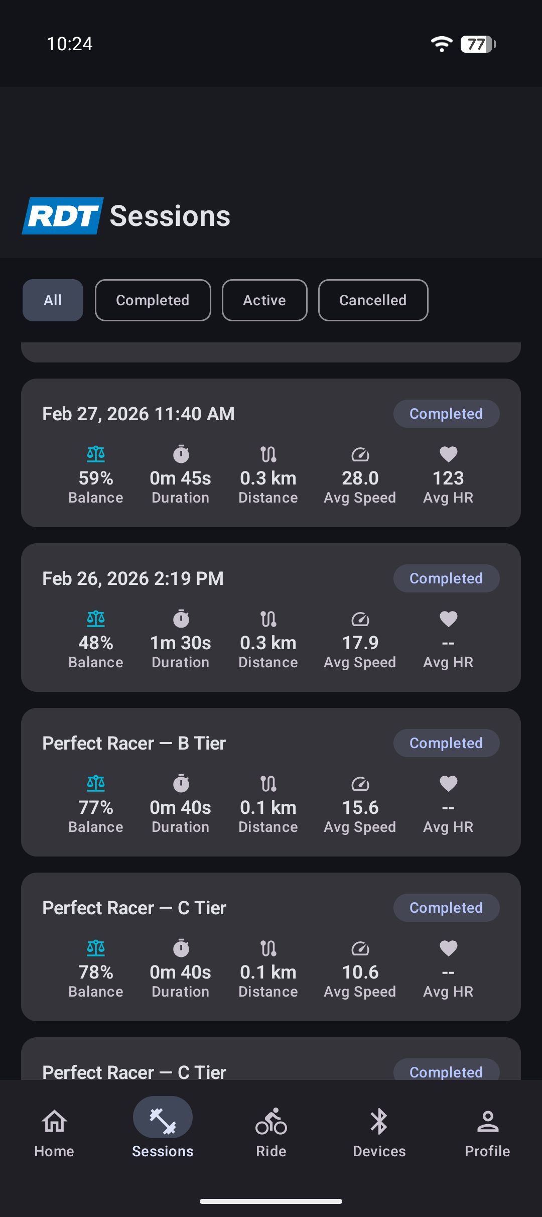 Ultiracer app sessions list with ride metrics
