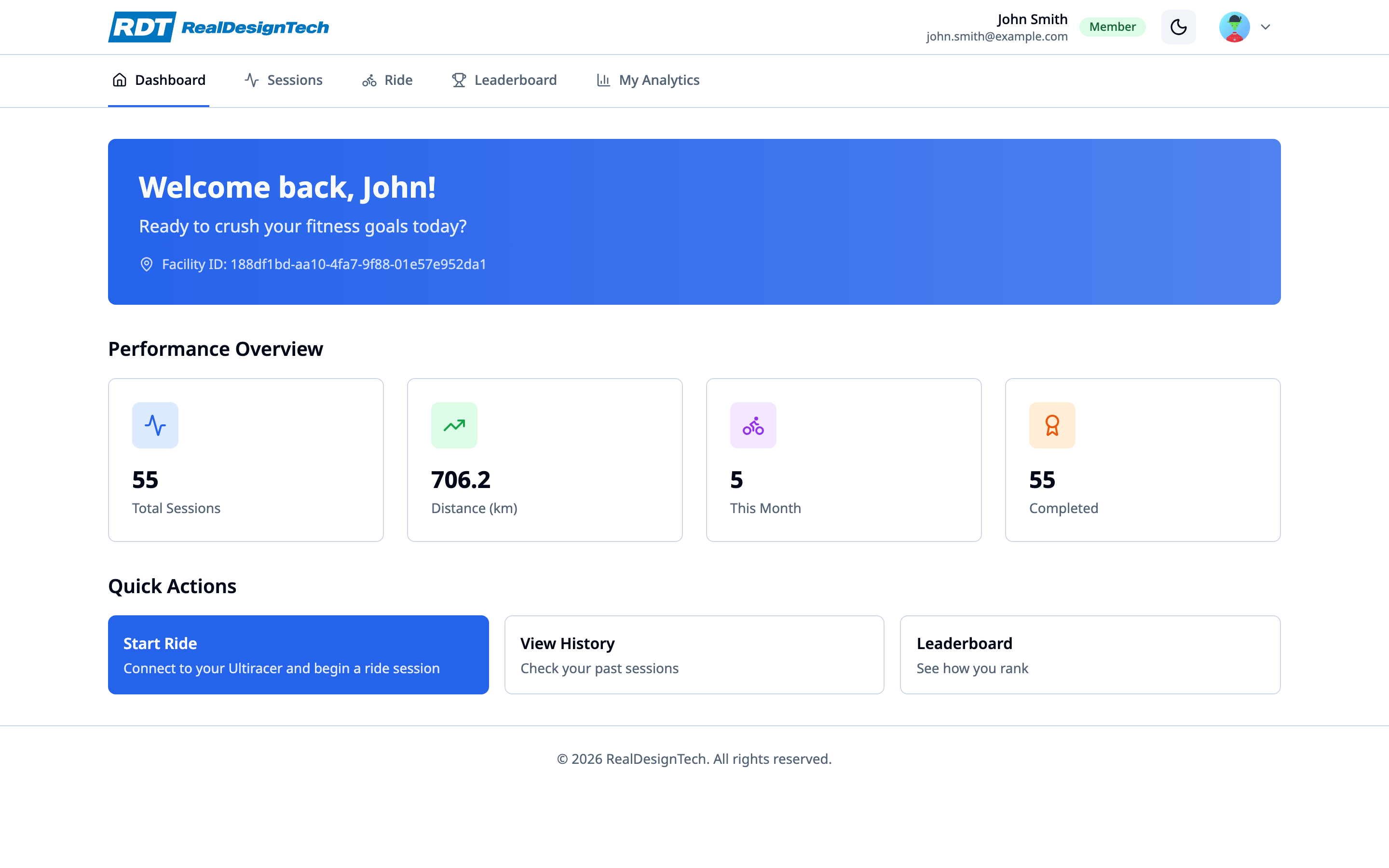 Ultiracer web dashboard showing performance overview and quick actions