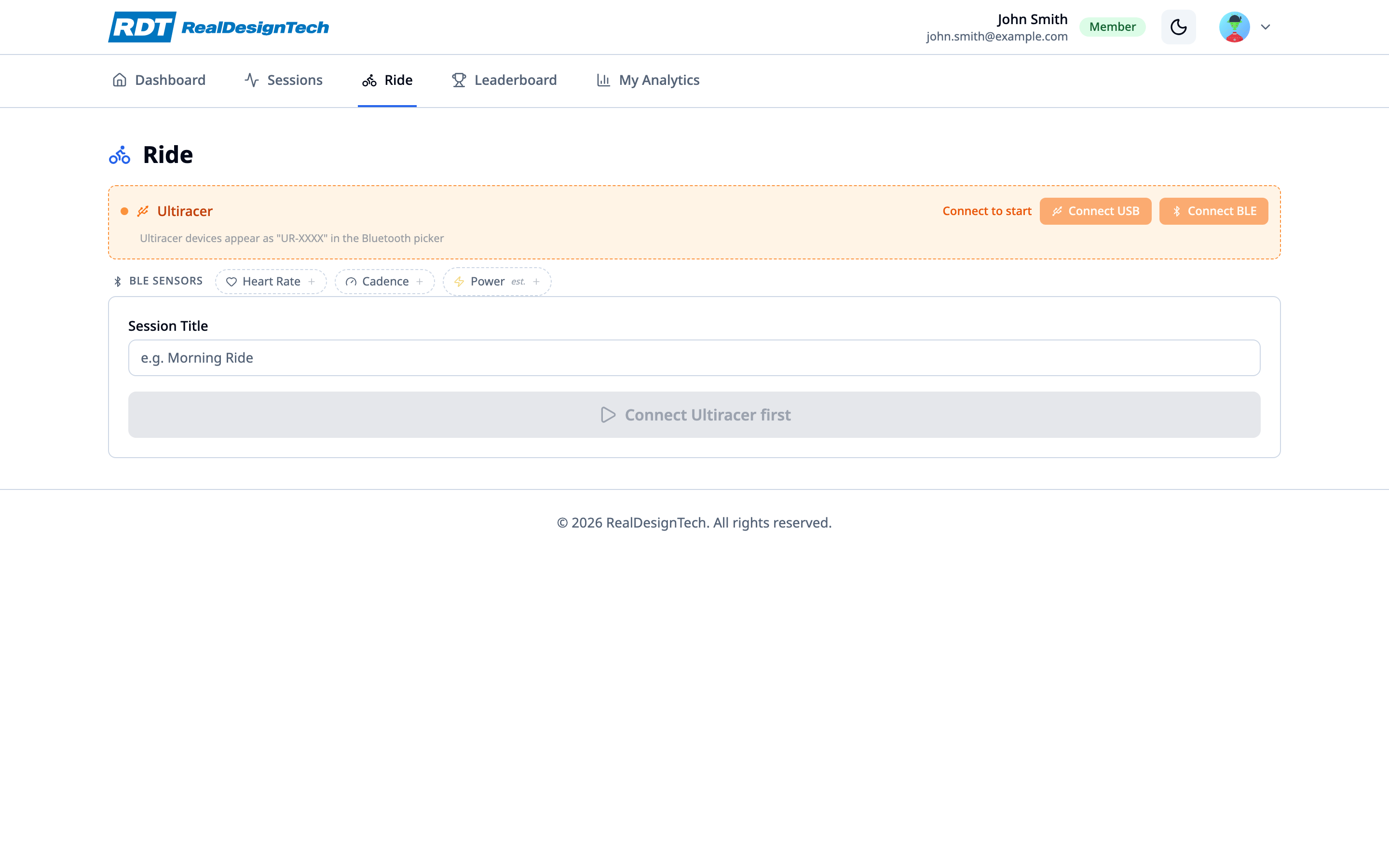 Ultiracer web live ride dashboard with device connections and real-time metrics