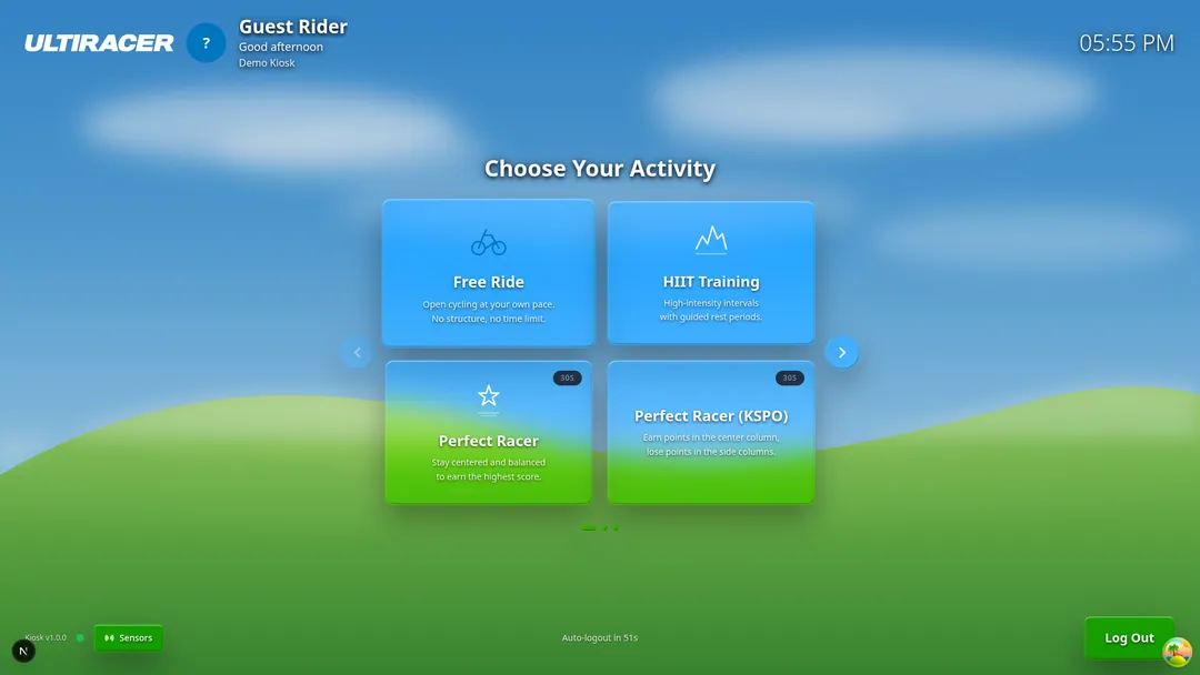 The Ultiracer kiosk showing its activity menu